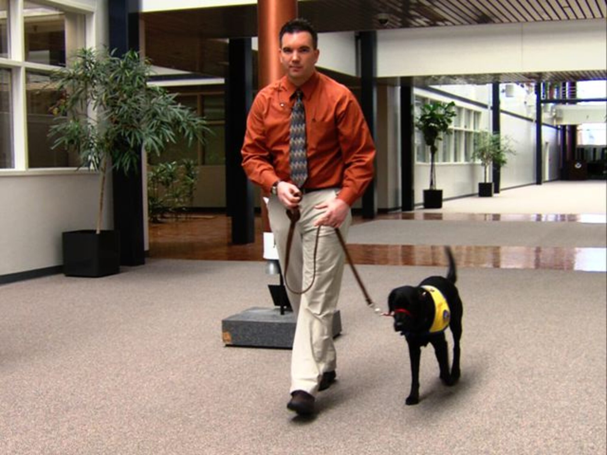 Mr. Brian Landis trains Syracuse, female black Labrador Retriever, in Air
Force Space Command's Headquarters building on Peterson Air Force Base,
Colo., by giving her commands for actions she may later perform as a service
dog for the disabled
