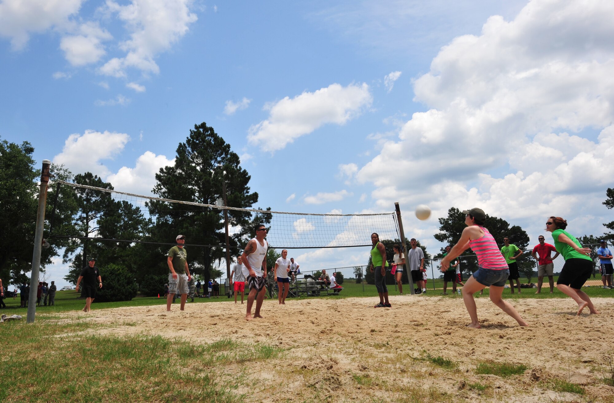 Airmen from the 23d Mission Support Group play volleyball during the 23d MSG sports day at Moody Air Force Base, Ga., June 14, 2012. Certificates were handed out to the winners of each sporting event, but bragging rights was the ultimate reward. (U.S. Air Force photo by Staff Sgt. Stephanie Mancha/Released))