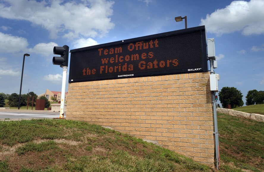 The Kenny Gate marquee displays a welcome message for the University of Florida's baseball team.  The Offutt Air Force Base sponsored Gators toured the wing by tour bus June 17 followed by a weapons demonstration and a buffet dinner where they had a chance to meet local area fans while in town for the 2012 College World Series.  (U.S. Air Force photo by Josh Plueger)