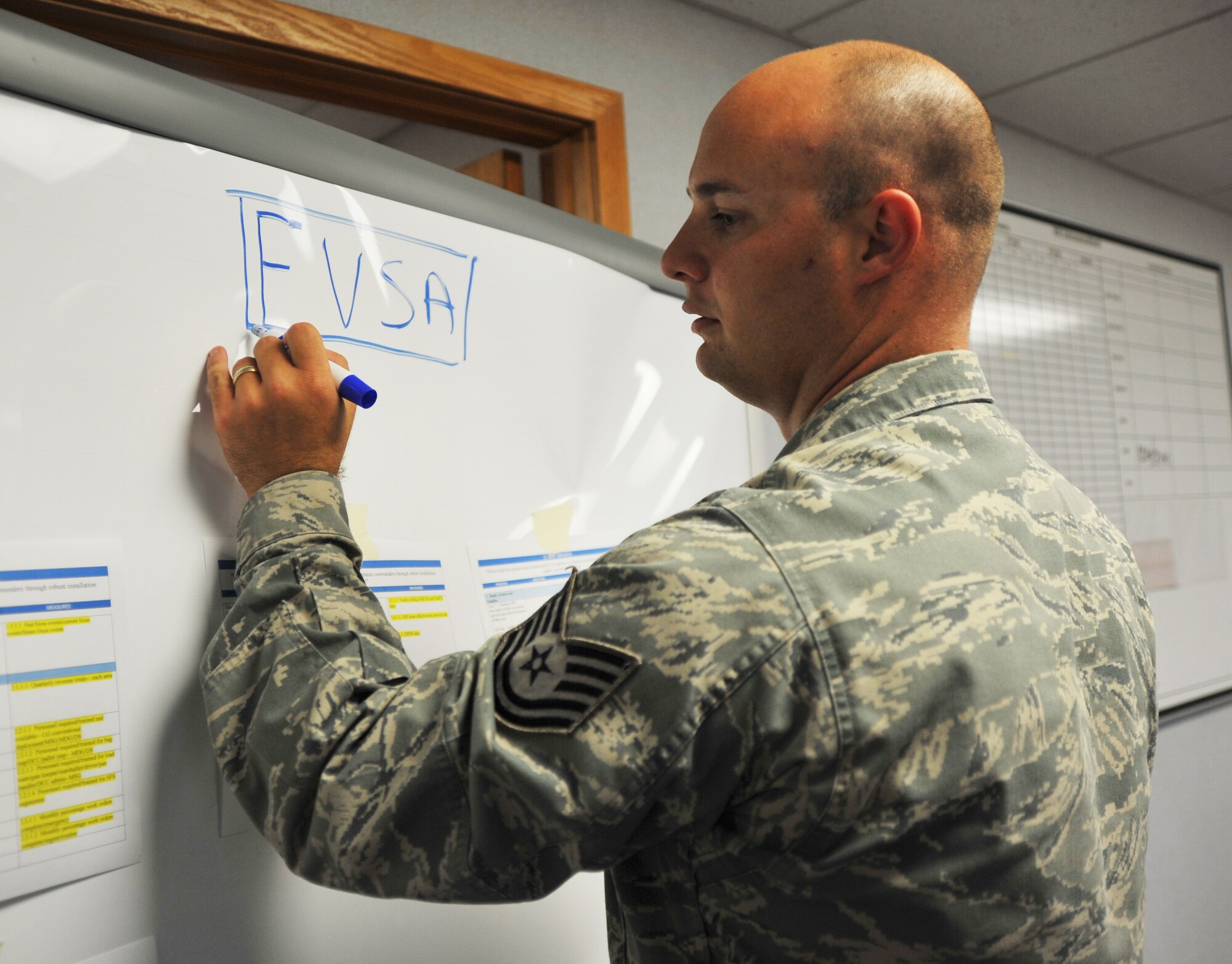 Tech. Sgt. Scott Eidson, 22nd Air Refueling Wing Air Force Smart Operations for the 21st Century NCO in charge, updates a task list on a conference room white board, June 15, 2012.  As the AFSO21 NCOIC, Eidson manages McConnell’s continuous process improvement efforts, provides various training opportunities and helps drive improved mission performance.  Eidson was selected as the 22nd Air Refueling Wing Spotlight performer for the week of June 18 to June 22, 2012.  (U.S. Air Force photo/Staff Sgt. Abigail Klein)