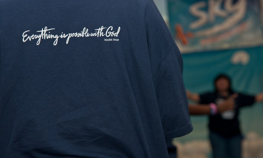 “Everything is possible with God” is this year’s scripture for Sky Vacation Bible School game at Moody Air Force Base, Ga., June 14, 2012. Moody’s base chapel held the bible school June 11 to 15 from 9 a.m. to noon. (U.S. Air Force photo by Airman 1st Class Paul Francis/Released)
