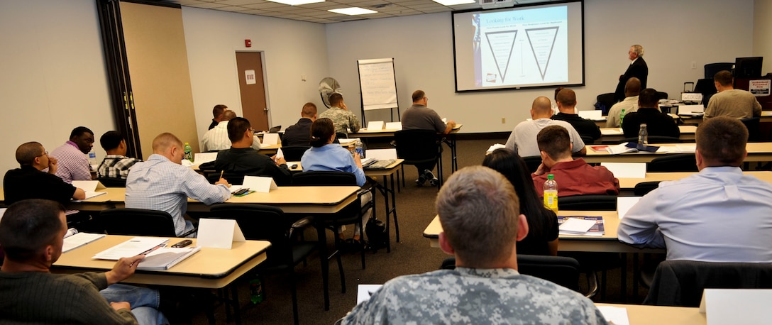 Transitioning Soldiers attend a Transition Assistance Program workshop at the Army Career and Alumni Program Center at Ft. Eustis, Va., June 19, 2012. The program helps prepare individuals for transition from military life into the civilian workforce. (U.S. Air Force photo by Senior Airman Wesley Farnsworth/Released)