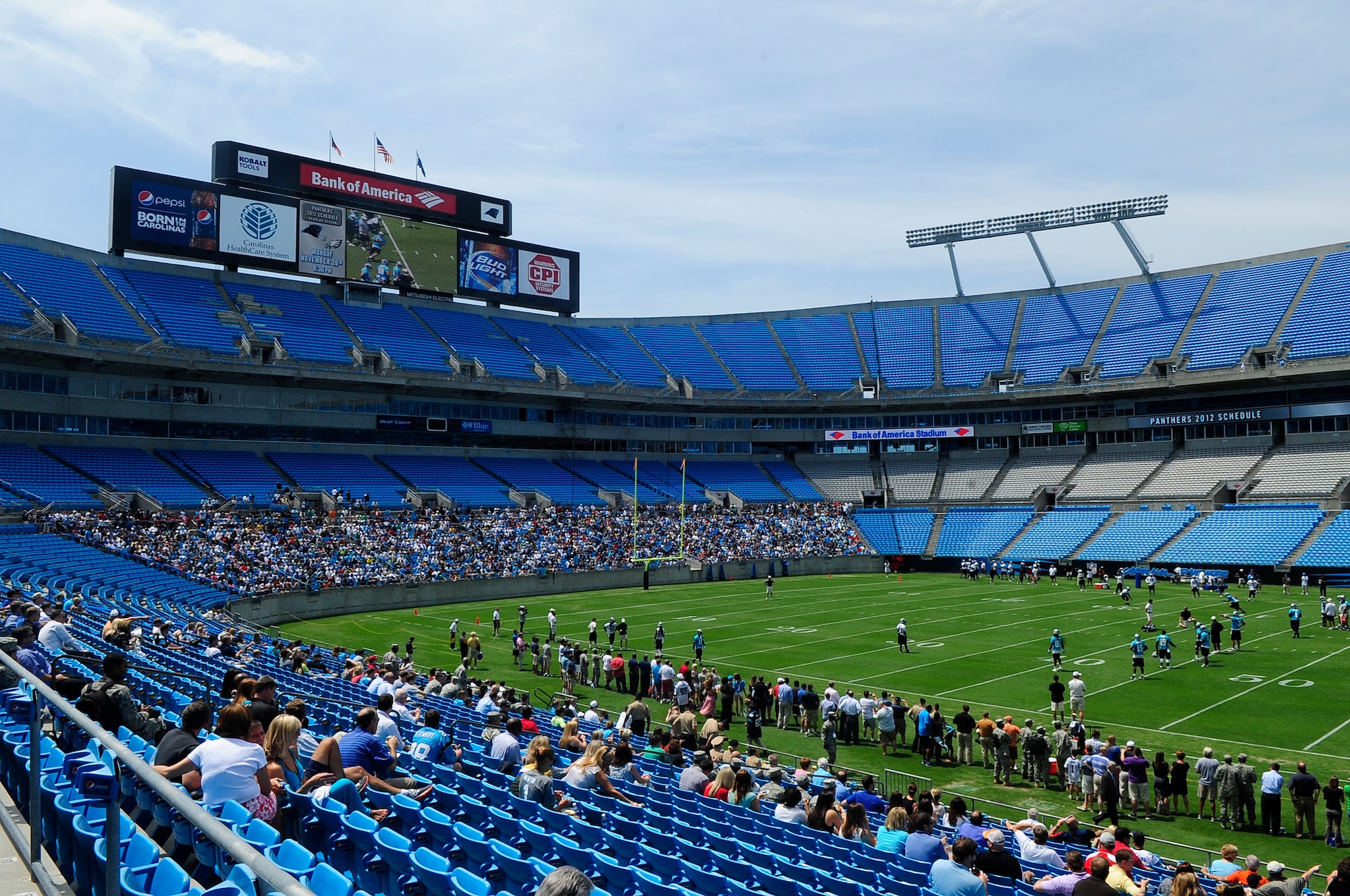 Military members and civilians watch the Carolina Panthers practice at Bank of America stadium in Charlotte, N.C., June 14, 2012. The Panthers had their final practice before preparing for the season to begin. (U.S. Air Force photo by Airman 1st Class Hunter Brady/Released)
