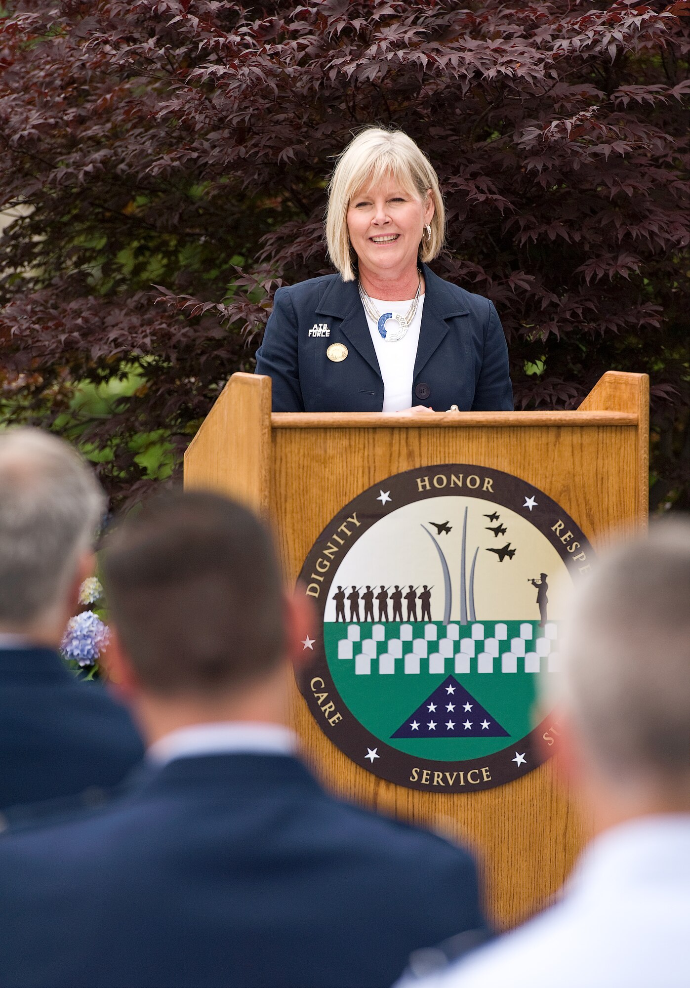 Suzie Schwartz, wife of Air Force Chief of Staff Gen. Norton Schwartz, speaks at a playground dedication at the Fisher House for Families of the Fallen, Dover Air Force Base, Del., June 18, 2012. Schwartz attributed the opening of the playground to the dedication of military spouses and generosity of the American people. (U.S. Air Force photo/Roland Balik)