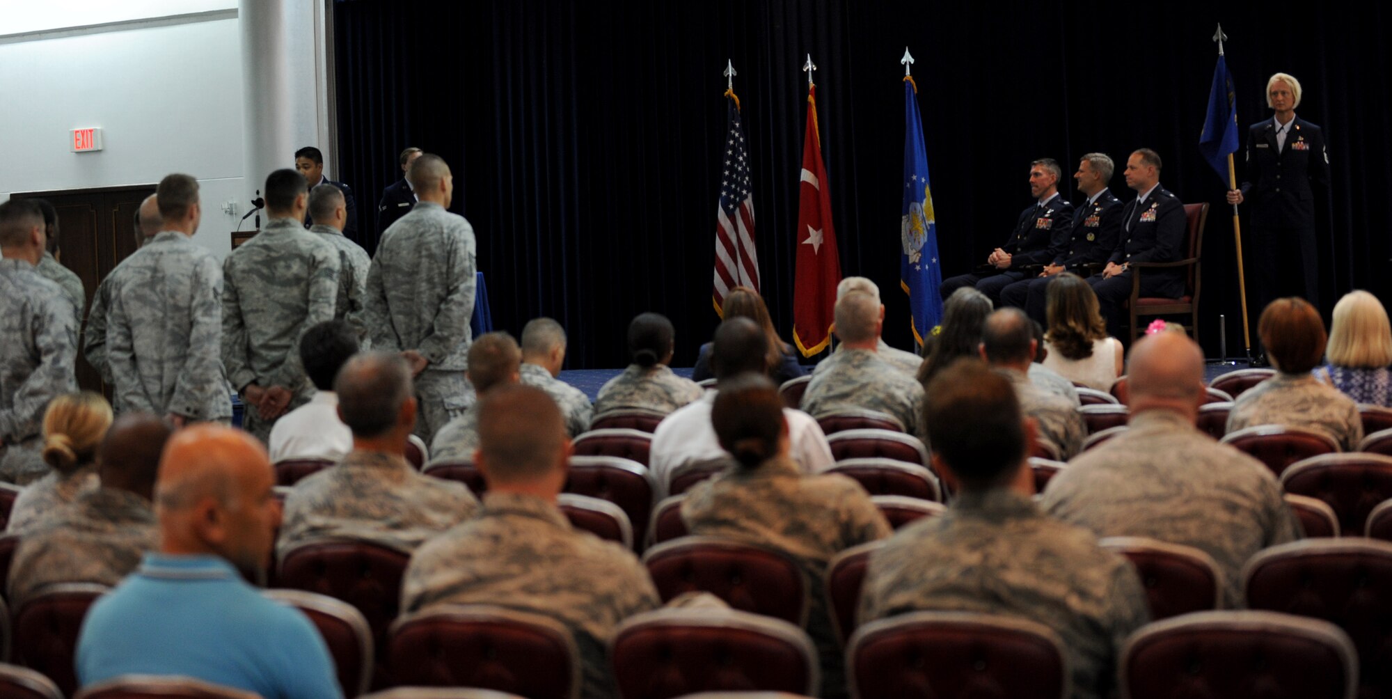 The audience watches as the 39th Operations Squadron proceeds with their change-of-command ceremony June 19, 2012, at Incirlik Air Base, Turkey. Members of the 39th OS bid farewell to Lt. Col. Bryan Wolford and welcomed Lt. Col. John Vincent as their new squadron commander. (U.S. Air Force photo by Senior Airman Jarvie Z. Wallace/Released)