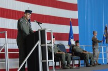 U.S. Air Force Lt. Col. Micheal Schnabel, prior 55th Fighter Squadron "Shooters" commander gives his farewell speech at the 55th Fighter Squadron change of command ceremony, Shaw Air Force Base, S.C., June 15, 2012. Lt. Col. Christopher Claus assumed command in place of  Schnabel,  prior 55th FS commander.(U.S. Air Force Airman Nicole Sikorski/Released)