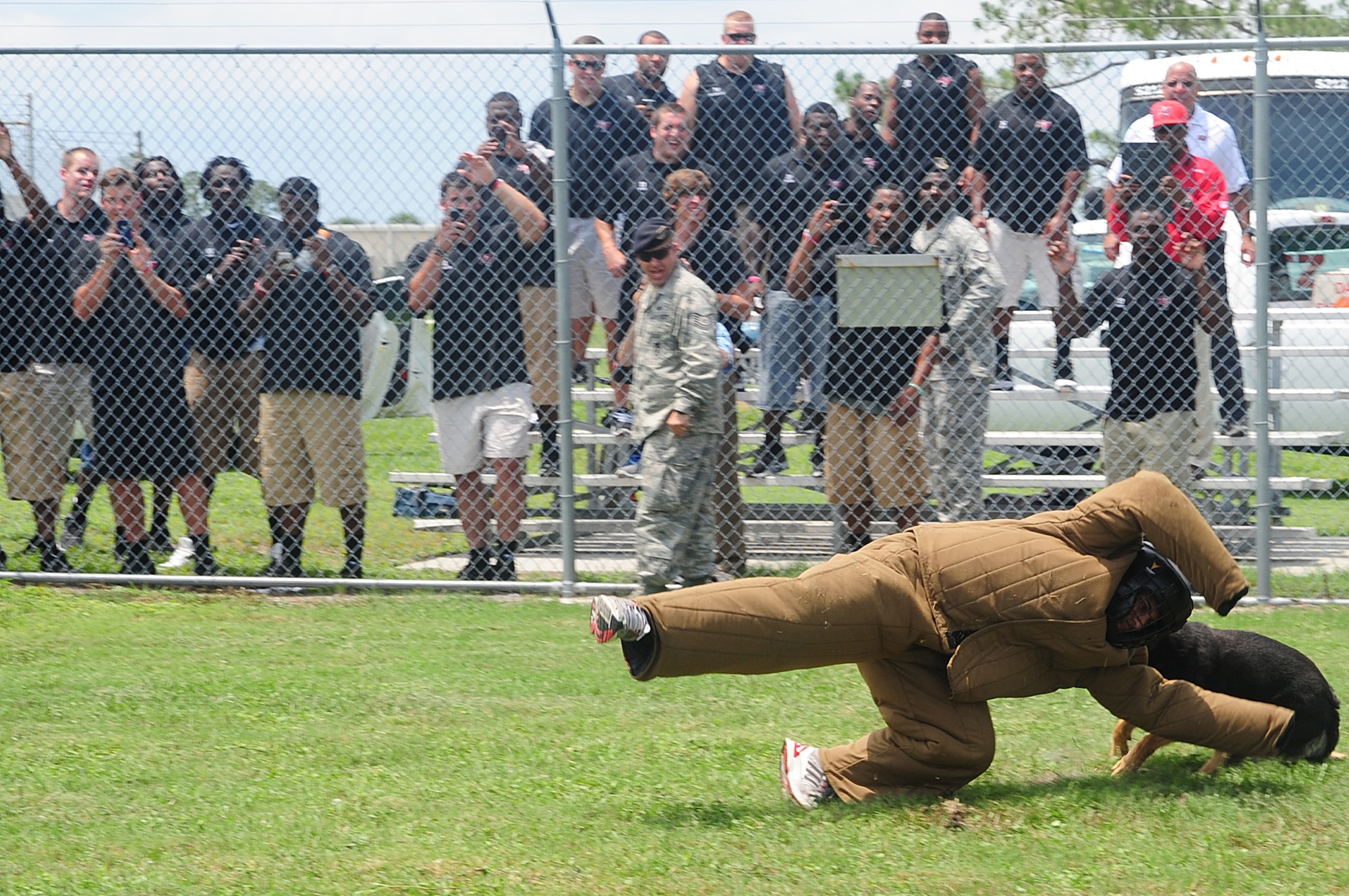 Members of the Tampa Bay Buccaneers watch a military working dog demonstration at MacDill Air Force Base, Fla., June 15, 2012. Players from the Bucs toured MacDill and experienced some of the daily operations. (U.S. Air Force photo by Senior Airman Melissa V. Paradise/RELEASED/cropped for point of interest)  