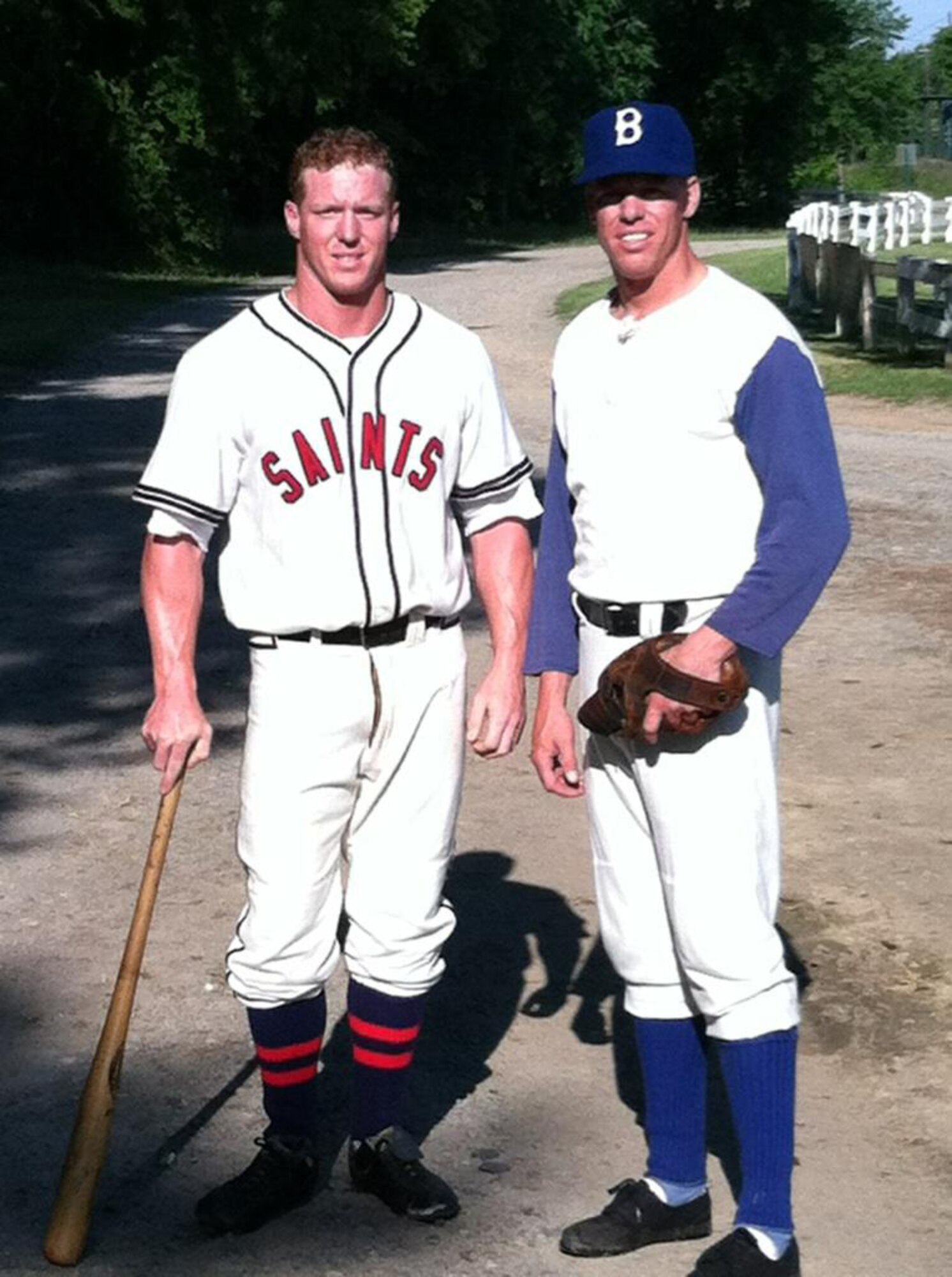 Reserve Master Sgt. Scotty Brown, right, and his brother, Joe, pose in vintage 1940s baseball uniforms during filming of "42," a biopic about baseball legend and civil rights activist Jackie Robinson. The brothers were selected to serve as extras during filming in Macon, Ga. (Photo courtesy of Scotty Brown)