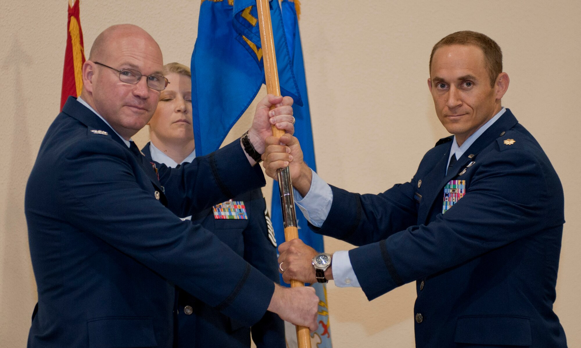Maj. James Gherdovich, incoming 39th Logistics Readiness Squadron commander, assumes command of the 39th LRS from Col. Scott Enold, 39th Mission Support Group commander, during the change-of-command ceremony June 19, 2012 at Incirlik Air Base, Turkey. Gherdovich now commands the 39th LRS, which provides world-class agile combat logistics capable of supporting full-spectrum operations. (U.S. Air Force photo by Senior Airman Anthony Sanchelli/Released) 