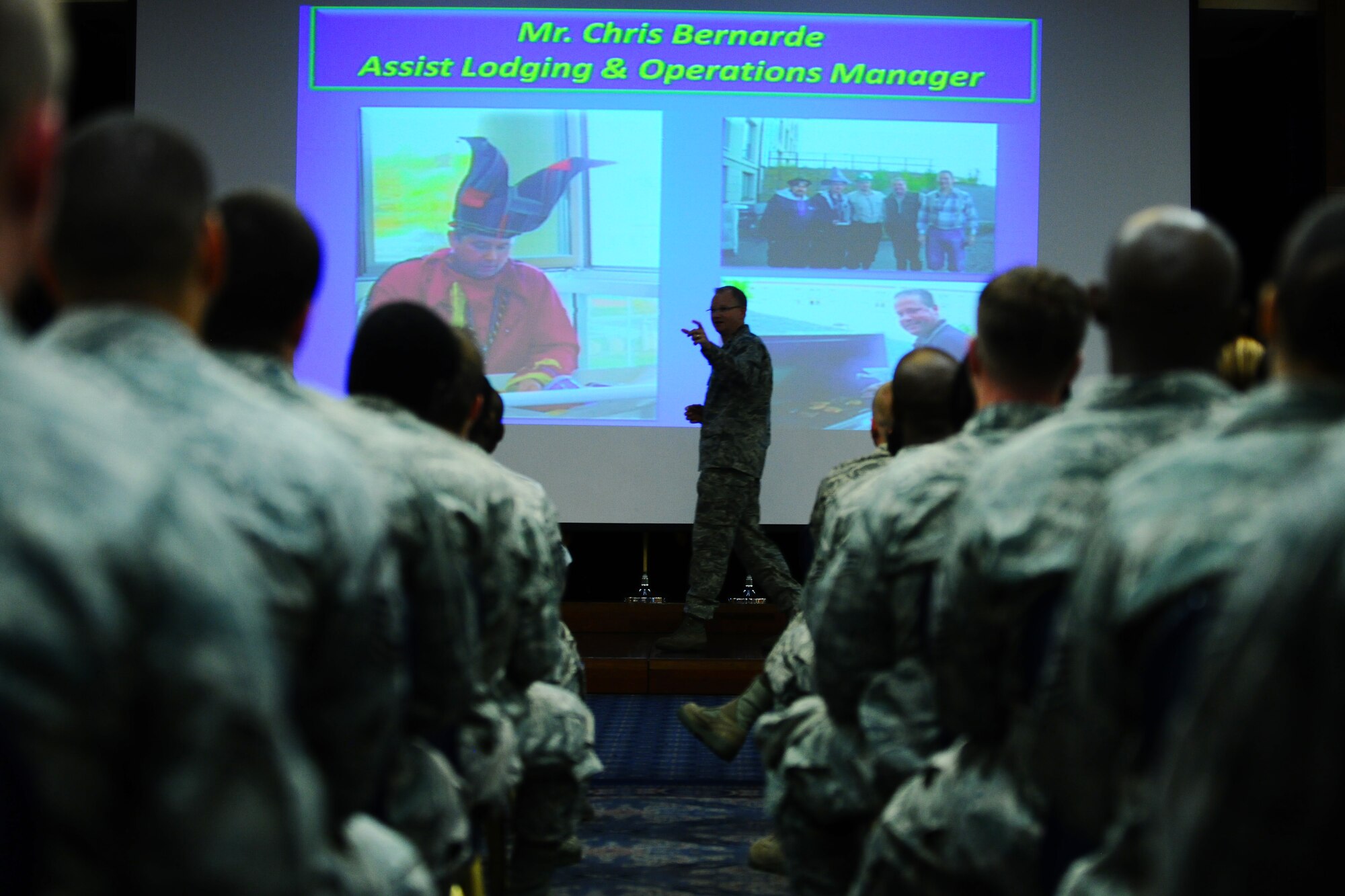 SPANGDAHLEM AIR BASE, Germany – Brig. Gen. Chris Weggeman, 52nd Fighter Wing commander, speaks during the in-brief for the Air Force Services Agency Innkeeper Award review team at the Club Eifel ballroom here June 18. The Eifel Arms Inn is competing for the 2012 Air Force Best Small Lodging Operation against three other lodging facilities. (U.S. Air Force photo by Airman 1st Class Matthew B. Fredericks/Released)