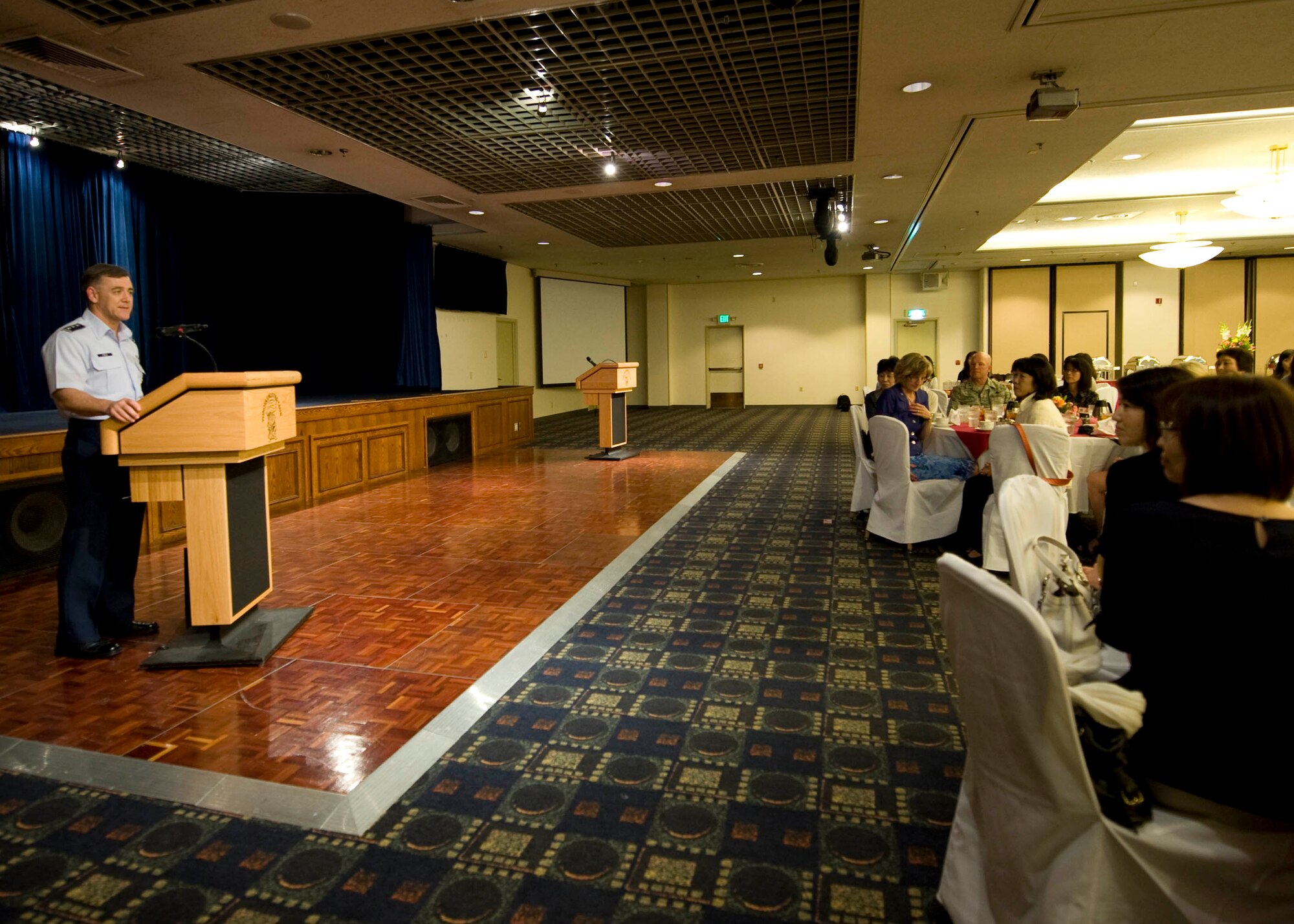 YOKOTA AIR BASE, Japan -- Lt. Gen. Burton Field, U.S. Forces, Japan and 5th Air Force commander gives a speech during a Masumi Kai spouse event at Yokota Air Base, Japan, on June 14, 2012. The Masumi Kai are spouses of Japan's Air Self-Defense Force senior members and visited Yokota to show their appreciation for all the men and women that supported Japan during Operation Tomodachi. (U.S. Air Force photo by Senior Airman Andrea Salazar)