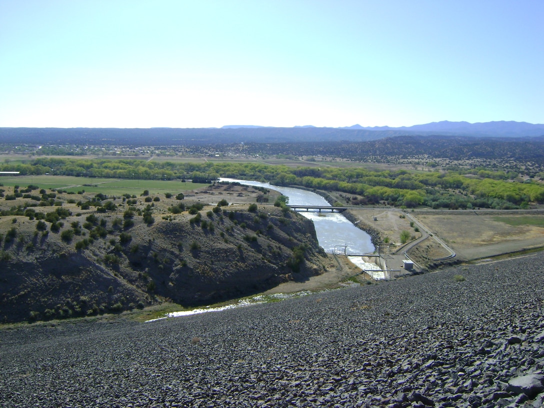 A view of Cochiti land from atop the five-mile-long Cochiti Dam. 
