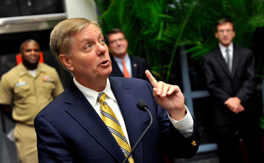 U.S. Sen. Lindsey Graham of South Carolina addresses Space and Naval Warfare employees at the Space and Naval Warfare Systems Center Atlantic on Joint Base Charleston in Charleston, S.C., June 18, 2012.