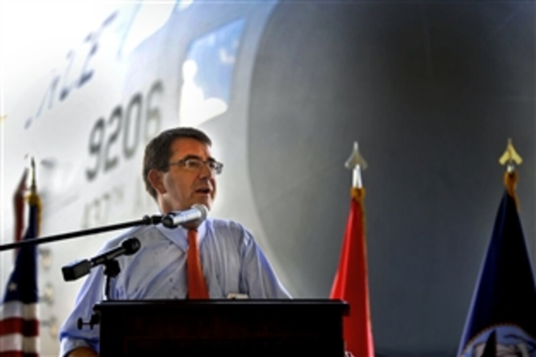Deputy Defense Secretary Ashton B. Carter addresses several hundred troops as he visits Joint Base Charleston for briefings on space and naval warfare systems in Charleston, S.C., June 18, 2012.