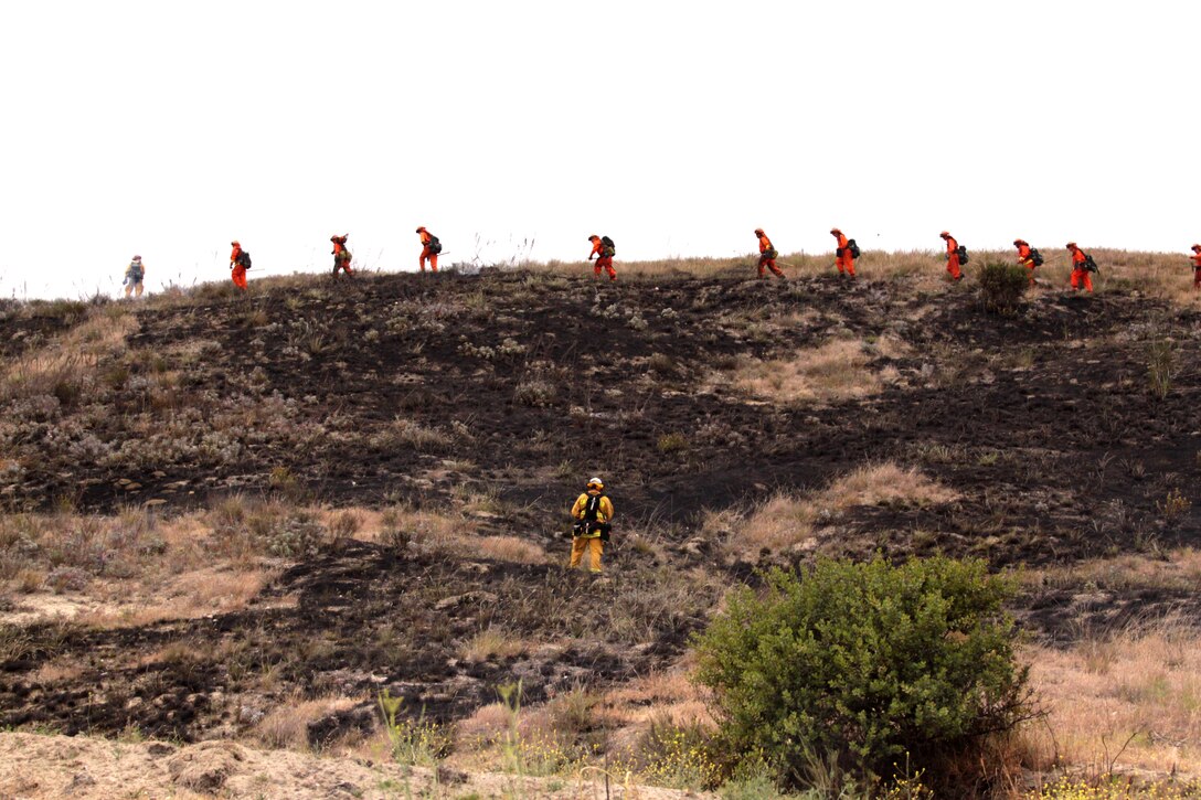 Fire fighters from across San Diego walk the perimeter of a controlled burn to ensure it extinguished during this year’s wild land fire training exercise on Camp Pendleton, June 15. During the training, instructors started small controlled fires, and had each crew focus on working together to surround the fire and contain it from spreading outwards.
