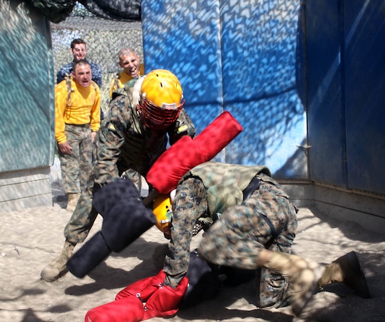 Drill instructors encourage their recruits to keep fighting after being knocked down June 5 during pugil sticks aboard Marine Corps Recruit Depot San Diego. Recruits bout until the Martial Arts Instructor blows the whistle, indicating a fatal blow. Prior to entering the pugil sticks pit, the MAI's give classes to the recruits informing them what is considered a fatal blow.
