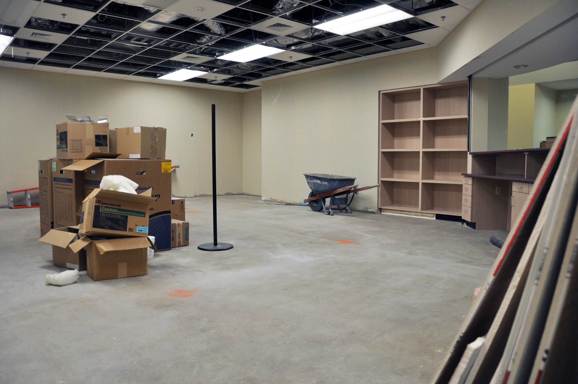 Renovation work continues on the interior of the 931st Air Refueling Group headquarters building, McConnell Air Force Base, Kan., June 20, 2012.  The interior renovation project has been underway for almost six months, during which units with offices in the building have been relocated to various temporary locations around the base.  With the project nearing completion, unit members are slated to begin moving back into the building near the end of September.  (U.S. Air Force photo by 1st Lt. Zach Anderson)