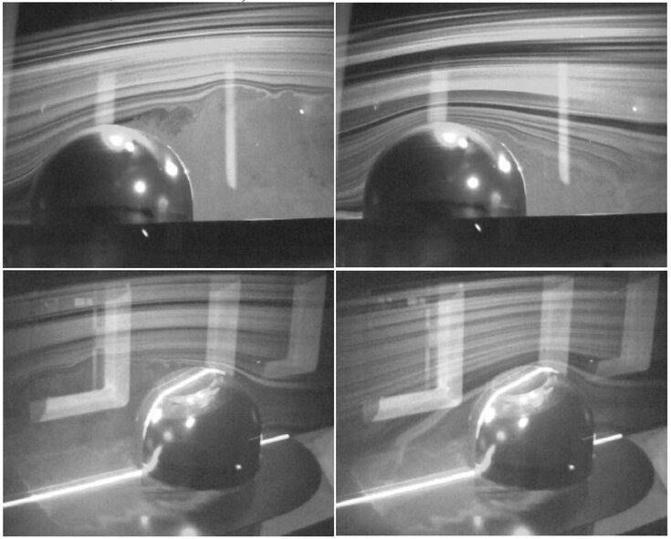 The photos on the right show separated flow over a turret aperture; photos on the left show reattached flow using flow control.  Wind tunnel studies provide valuable data on maximizing the efficiency of turrets. (AFRL Image)