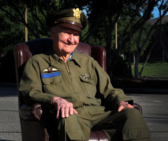 Retired Col. Gail Halvorsen, the famed "Candy Bomber," sits in front of the C-17 Aircrew Training Center moments before the C-17 Aircrew Training Center was dedicated in honor of him at Joint Base Charleston, S.C., on June 15, 2012. (U.S. Air Force photo/Airman 1st Class Ashlee Galloway)
