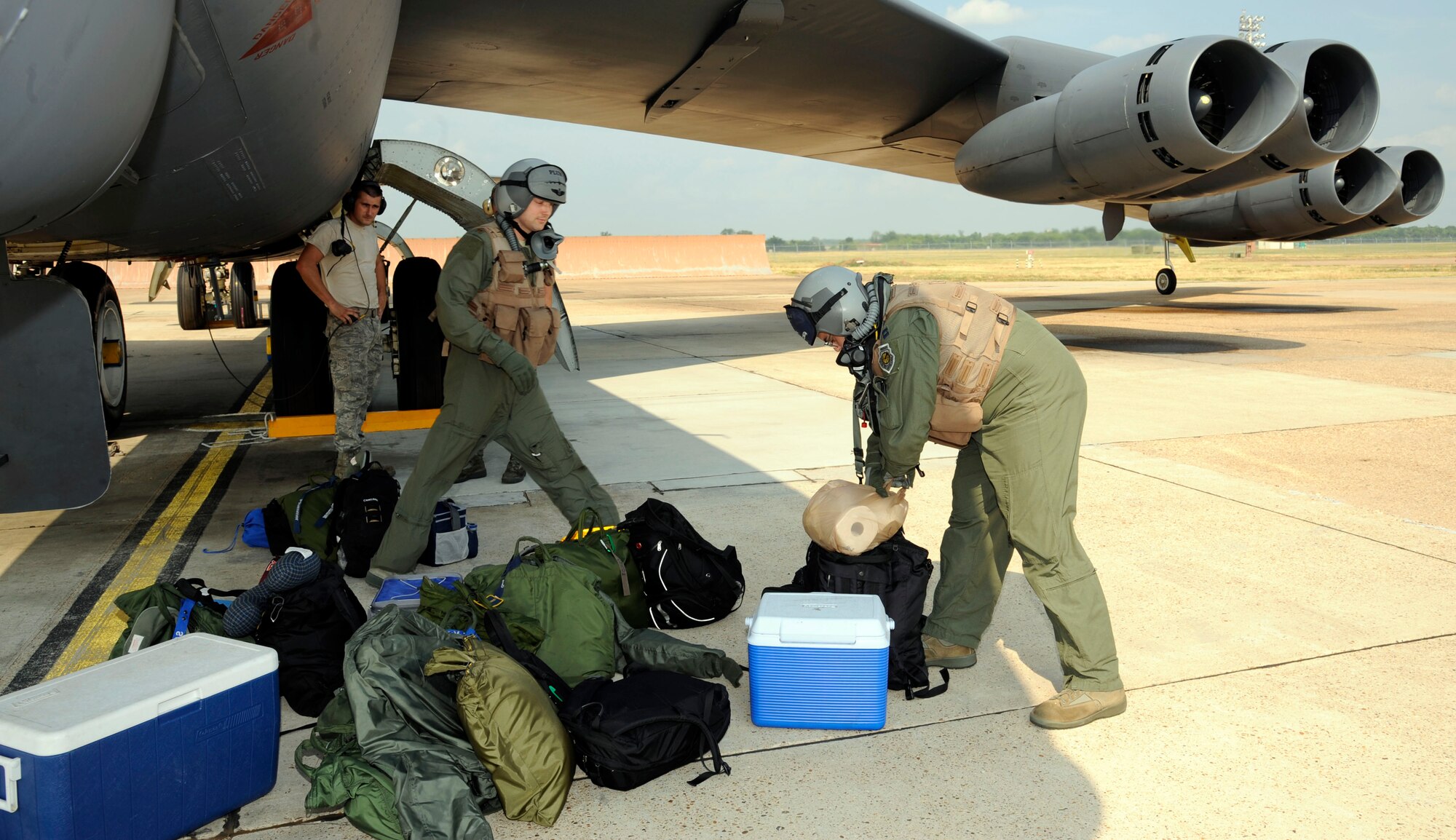 B-52H Stratofortress aircrew assigned to the 20th Bomb Squadron load gear and mission essential items before boarding a 2nd Bomb Wing B-52H at Barksdale Air Force Base, La., June 10 for a flight in support of Exercise BALTOPS 2012.  Airmen from the 20th and 96th Bomb Squadrons teamed with Airmen from the 307th Bomb Wing's 343rd Bomb Squadron to generate aircraft in support of the largest multinational maritime exercise this year in the Baltic Sea.  The Barksdale B-52 aircrews conducted flight missions lasting more than 25 hours during the exercise involving 12 countries during the first two weeks in June.  In its 40th year, Exercise BALTOPS aims to improve maritime security in the Baltic Sea through increased interoperability and cooperation among regional allies.  The 2 BW routinely participates in worldwide exercises to constantly refine and improve operational procedures and capabilities with other U.S. services and our allies.  Wing Airmen train often to ensure base units are ready to fight any challenge, anywhere at any time. (U.S. Air Force photo/Airman 1st Class Andrew Moua)(RELEASED)