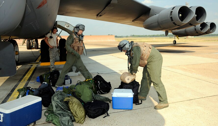 B-52H Stratofortress aircrew assigned to the 20th Bomb Squadron load gear and mission essential items before boarding a 2nd Bomb Wing B-52H at Barksdale Air Force Base, La., June 10 for a flight in support of Exercise BALTOPS 2012.  Airmen from the 20th and 96th Bomb Squadrons teamed with Airmen from the 307th Bomb Wing's 343rd Bomb Squadron to generate aircraft in support of the largest multinational maritime exercise this year in the Baltic Sea.  The Barksdale B-52 aircrews conducted flight missions lasting more than 25 hours during the exercise involving 12 countries during the first two weeks in June.  In its 40th year, Exercise BALTOPS aims to improve maritime security in the Baltic Sea through increased interoperability and cooperation among regional allies.  The 2 BW routinely participates in worldwide exercises to constantly refine and improve operational procedures and capabilities with other U.S. services and our allies.  Wing Airmen train often to ensure base units are ready to fight any challenge, anywhere at any time. (U.S. Air Force photo/Airman 1st Class Andrew Moua)(RELEASED)