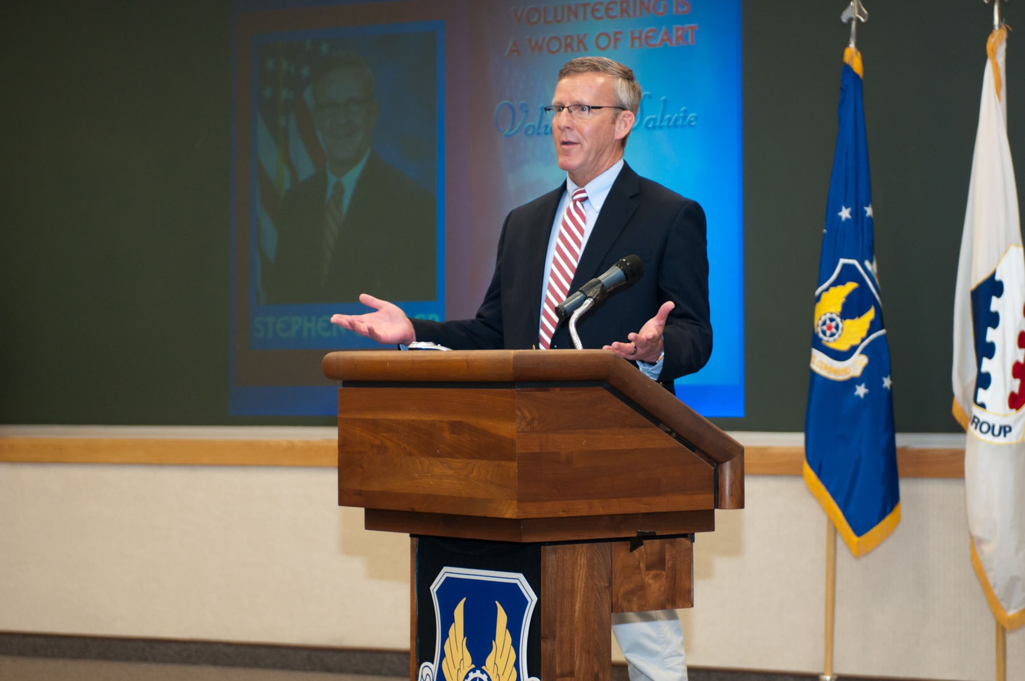 HANSCOM AIR FORCE BASE, Mass. - Stephen Ober, recipient of the Chief of Staff Volunteer Excellence Award, speaks during the Volunteer Salute at the Hanscom Conference Center June 13. The salute also recognized two other nominees, Timothy Chase and Gary Halvorsen, all from the Battle Management Directorate. (U.S. Air Force photo by Rick Berry) 