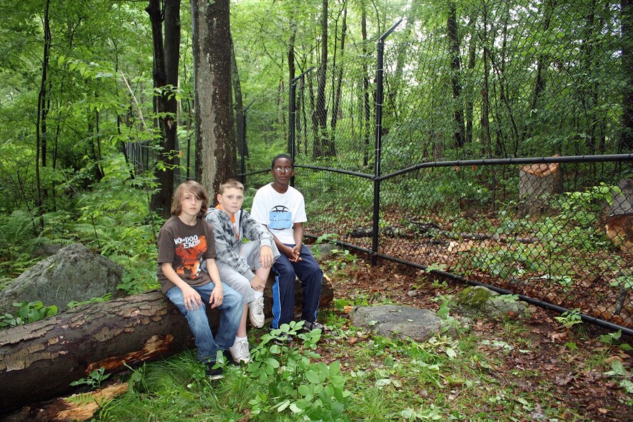 HANSCOM AIR FORCE BASE, Mass. – (left to right) Ashton Laflamme, Christopher Douglas and Nicholas Reid sit on what’s left of a tree that fell on the base’s perimeter fence. The boys notified security police and stood by until they arrived. (U.S. Air Force photo by Sarah Olaciregui) 