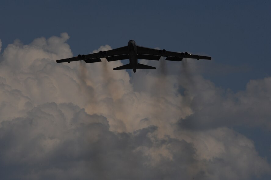A B-52H Stratofortress flies overhead during an exercise on Barksdale Air Force Base, La., June 5. The exercise evaluated the readiness of 2nd Bomb Wing aircrews, aircraft maintainers and support Airmen. Wing Airmen train often to ensure base units are ready to fight any challenge, anywhere at any time. (U.S. Air Force photo/Airman 1st Class Benjamin Gonsier)(RELEASED)
