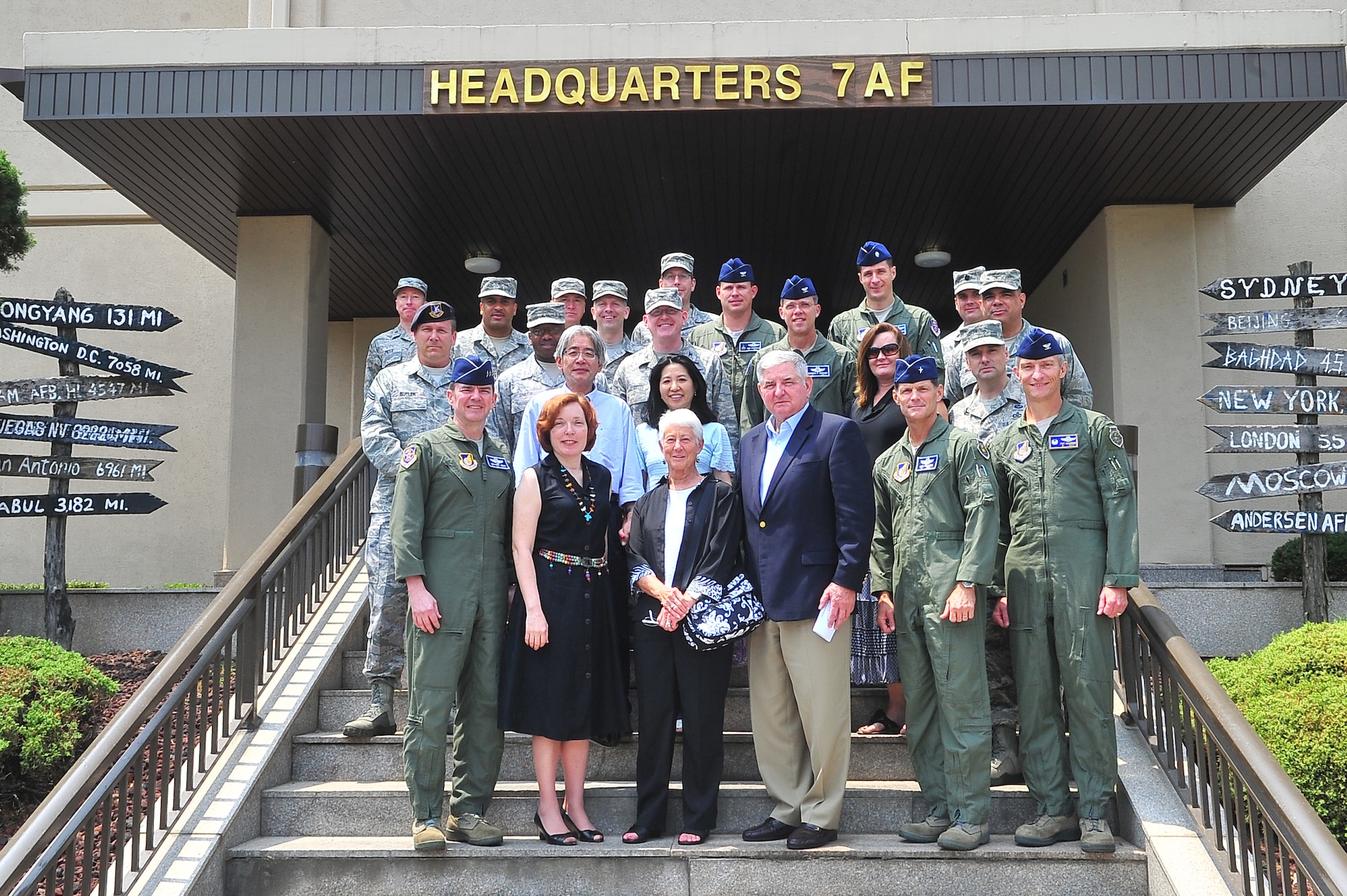 Members from 7th Air Force pose for a photo with retired Gen. Ronald Fogleman before he begins his tour of Osan Air Base, June 19, 2012. During the tour, Fogleman visited 25th Fighter Squadron Airmen and saw the capabilities of both the 7th Air Force and the 51st Fighter Wing.  Fogleman was the 15th Chief of Staff of the Air Force from 1994 to 1997. (U.S. Air Force photo/Senior Airman Adam Grant)