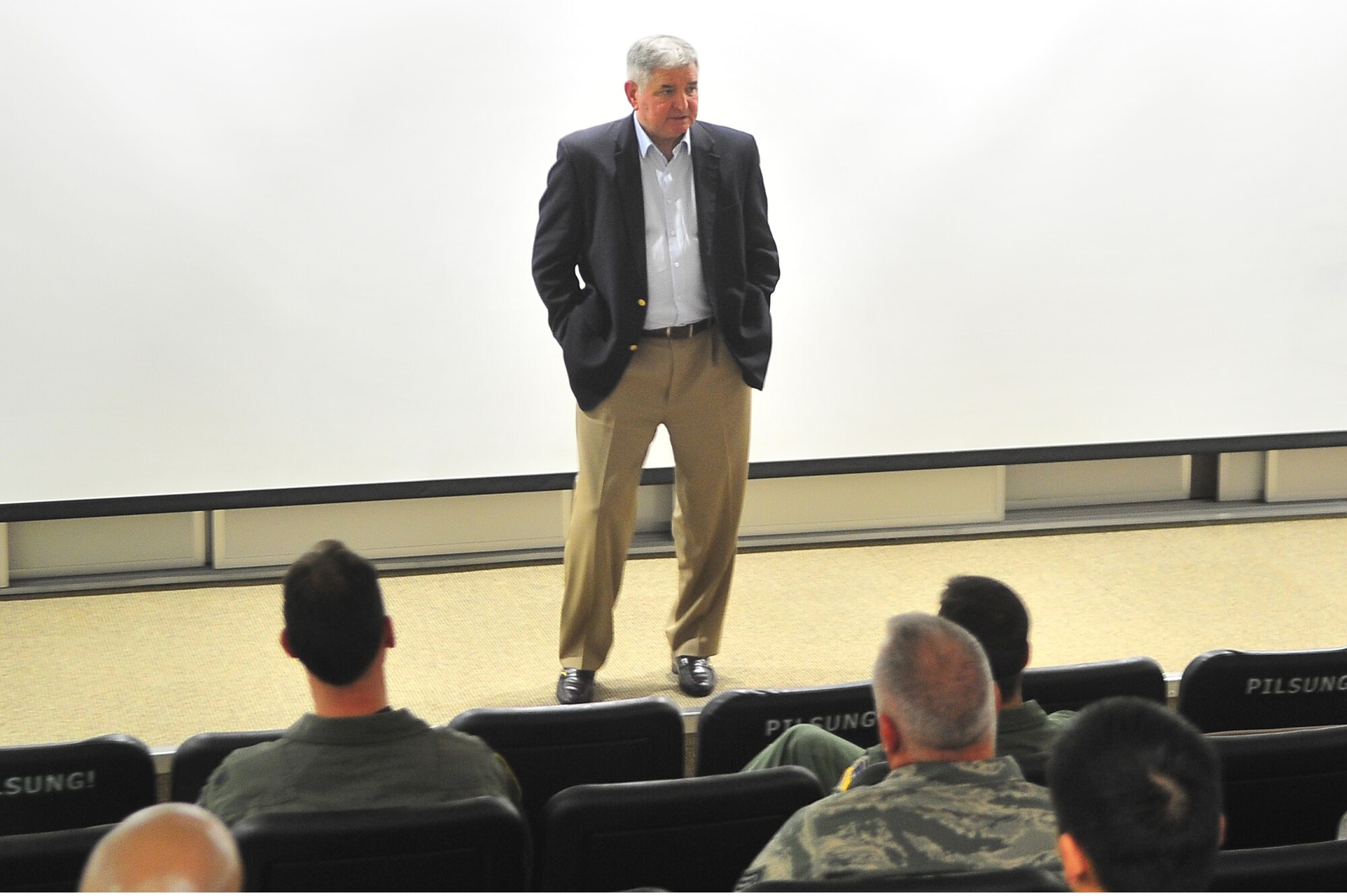 Retired Gen. Ronald Fogleman speaks with Airmen during a visit to the 25th Fighter Squadron, June 19, 2012. During the visit, he met with 7th Air Force leadership and toured Osan Air Base. Before serving as the 15th Chief of Staff of the Air Force from 1994 to 1997, he instructed student pilots, performed combat duty as a fighter pilot and high-speed forward air controller in Vietnam and Thailand, taught history at the Air Force Academy and conducted flight operations in Europe. (U.S. Air Force photo/Senior Airman Adam Grant)