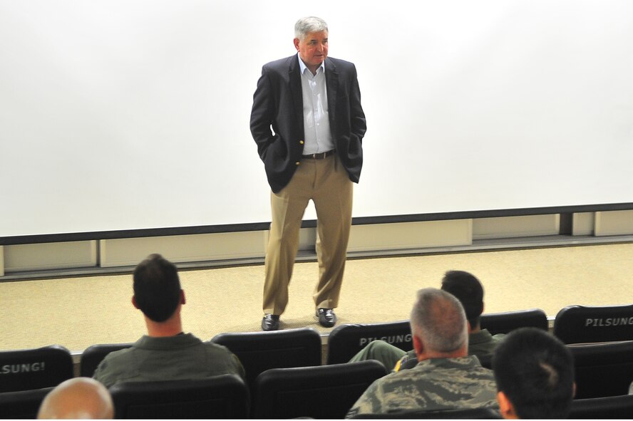 Retired Gen. Ronald Fogleman speaks with Airmen during a visit to the 25th Fighter Squadron, June 19, 2012. During the visit, he met with 7th Air Force leadership and toured Osan Air Base. Before serving as the 15th Chief of Staff of the Air Force from 1994 to 1997, he instructed student pilots, performed combat duty as a fighter pilot and high-speed forward air controller in Vietnam and Thailand, taught history at the Air Force Academy and conducted flight operations in Europe. (U.S. Air Force photo/Senior Airman Adam Grant)