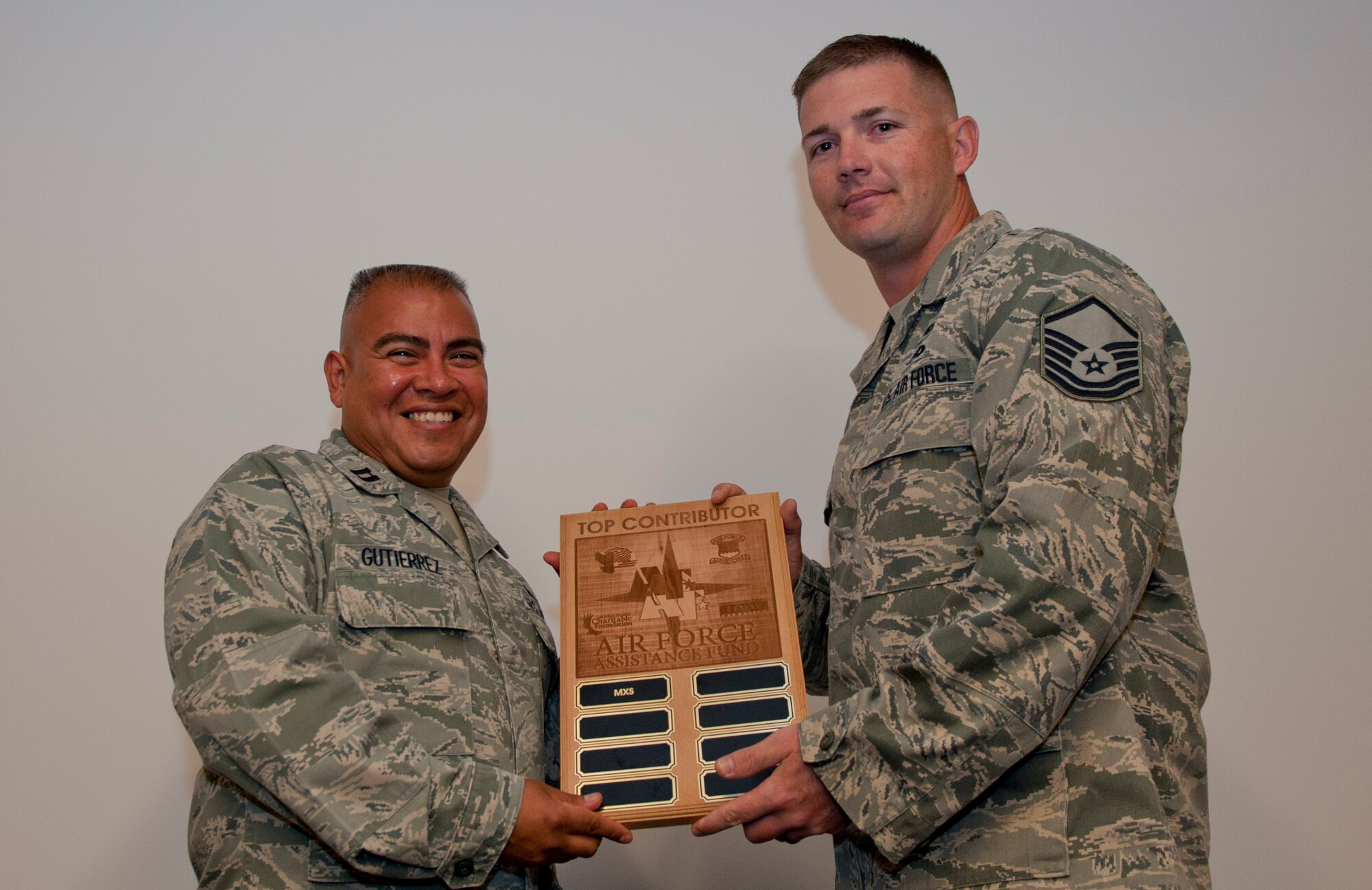 Master Sgt. James Mitchell, 39th Air Base Wing Air Force Assistance Fund assistant installation project officer, presents the Incirlik AFAF Campaign Top Contributor Award to Capt. Lupe Gutierrez, 39th Maintenance Squadron operations officer, June 19, 2012, at Incirlik Air Base, Turkey. Gutierrez accepted the award on behalf of the 39th MXS for the squadron's contributions during the AFAF. The 39th MXS exceeded their designated donation potential by 246 percent. (U.S. Air Force photo by Senior Airman Anthony Sanchelli/Released)
