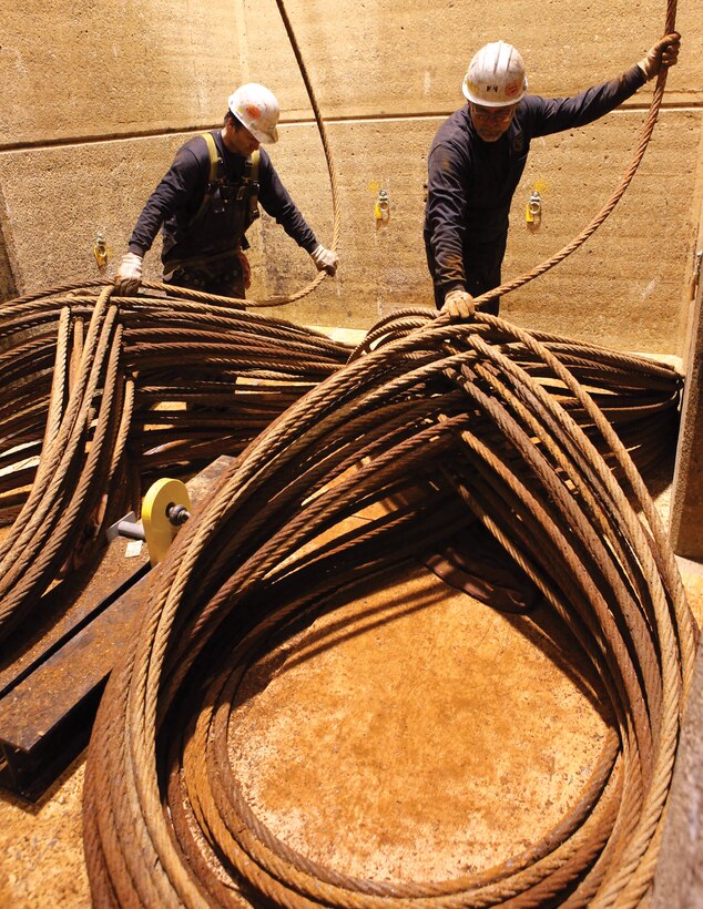Workers wind wire rope from Lucky Peak Dam's intake tower near Boise, Idaho. The project replaced the 20-year-old cable in November 2010.