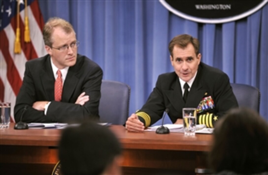 Deputy Assistant Secretary of Defense for Media Operations Capt. John Kirby answers a reporter's question during a press briefing with Press Secretary George E. Little in the Pentagon Press Briefing Room on June 19, 2012.  