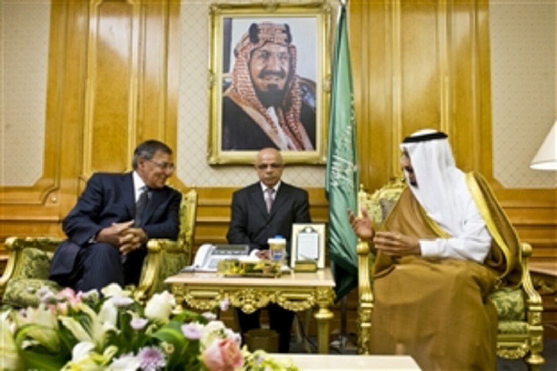 U.S. Defense Leon E. Panetta meets with Saudi Arabian Crown Prince Salman bin Abd al-Aziz Al Saud in Jeddah, Saudi Arabia, June 20, 2012, to pass on condolences on behalf of the United States at the passing of Crown Prince Nayif bin Abd al-Aziz Al Saud. Crown Prince Salman is the country's defense minister.
