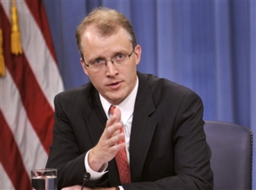 Pentagon Press Secretary George E. Little answers a reporter's question during a press briefing in the Pentagon Press Briefing Room on June 19, 2012.  