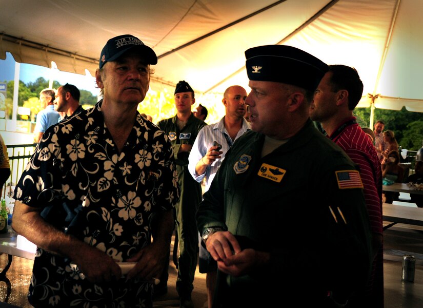 Actor Bill Murray meets with Col. Erik Hansen, 437th Airlift Wing commander during the South Atlantic League All-Star game at the Joseph P. Riley, Jr. baseball stadium in Charleston, S.C. June 19, 2012. Murray is a part-owner of the Charleston Riverdogs minor league baseball team. The Air Force Academy’s ‘Wings of Blue’ skydiving team jumped from the back of a C-17 Globemaster III piloted by Hansen earlier that evening. (U.S. Air Force photo / Airman 1st Class Tom Brading)