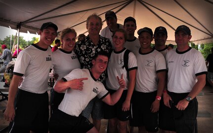 Actor Bill Murray meets with the ‘Wings of Blue’ skydiving team during the South Atlantic League All-Star game at the Joseph P. Riley, Jr. baseball stadium in Charleston, S.C. June 19, 2012. Murray is a part-owner of the Charleston Riverdogs minor league baseball team. (U.S. Air Force photo / Airman 1st Class Tom Brading)