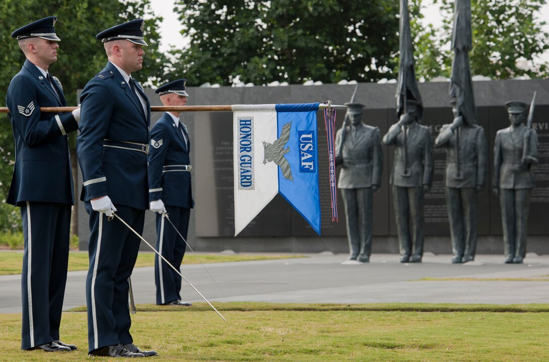 U.S. Air Force Honor Guard presents the guidon during an official arrival ceremony June, 19, 2012, at the Air Force Memorial in Arlington, Va. General Malek, who is visiting the United States as part of the U.S. Air Force Chief of Staff Counterpart Visit Program, was presented with the Legion of Merit, Degree of Commander, at the ceremony. (U.S. Air Force photo/Senior Airman Perry Aston)