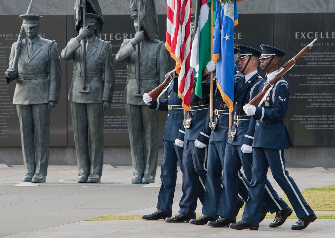 U.S. Air Force Honor Guard presents the colors during an official arrival ceremony June, 19, 2012, at the Air Force Memorial in Arlington, Va. General Malek, who is visiting the United States as part of the U.S. Air Force Chief of Staff Counterpart Visit Program, was presented with the Legion of Merit, Degree of Commander, at the ceremony. (U.S. Air Force photo/Senior Airman Perry Aston)