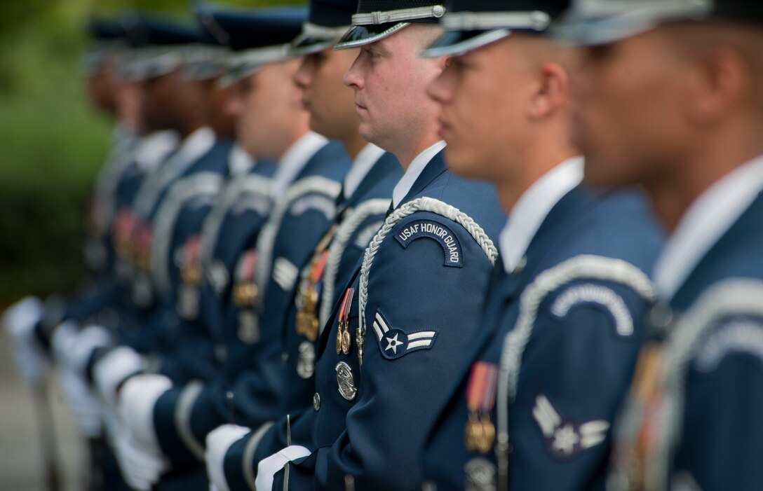 U.S. Air Force Honor Guard stands in formation during an official arrival ceremony June, 19, 2012, at the Air Force Memorial in Arlington, Va. General Malek, who is visiting the United States as part of the U.S. Air Force Chief of Staff Counterpart Visit Program, was presented with the Legion of Merit, Degree of Commander, at the ceremony. (U.S. Air Force photo/Senior Airman Perry Aston)