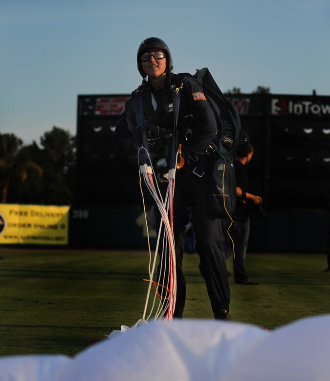 U.S. Air Force Academy Cadet Molly Bush, a member of the ‘Wings of Blue’ skydiving team from the U.S. Air Force Academy, stands on solid ground moments after descending into Joseph P. Riley, Jr. stadium in Charleston, S.C., before the South Atlantic League All-Star game, June 19, 2012. (U.S. Air Force photo/Airman 1st Class Ashlee Galloway)