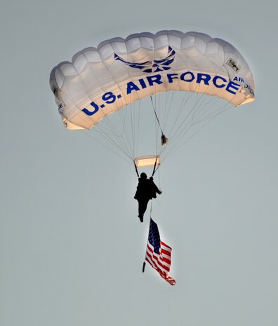 U.S. Air Force Academy Cadet Molly Bush, a member of the ‘Wings of Blue’ skydiving team from the U.S. Air Force Academy, descends into Joseph P. Riley, Jr. stadium in Charleston, S.C., before the South Atlantic League All-Star game, June 19, 2012. (U.S. Air Force photo/Airman 1st Class Ashlee Galloway)