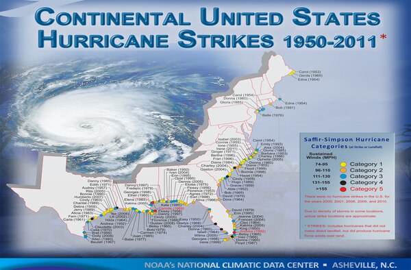 Continental United States hurricane strikes from 1950 to 2011. (Courtesy of the National Oceanic and Atmospheric Administration.)