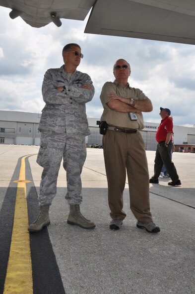 Col. Timothy E. Tarchick, 94th AW commander, fields questions from the civilian employers during their tour of a C-130.  Reservists from the 439th Airlift Wing, Westover Air Reserve Base, along with civilian employers spent a couple of days visiting Dobbins and the Lockheed Martin Aeronautics Corporation, Marietta, Ga., June 14-15. (U.S. Air Force photo/Senior Airman Elizabeth Gaston)