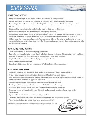TYNDALL AIR FORCE BASE, Fla. -- This graphic provides a quick and easy list of what to do before, during and after a hurricane or typhoon. (Courtesy of the Air Force Civil Engineer Support Agency)