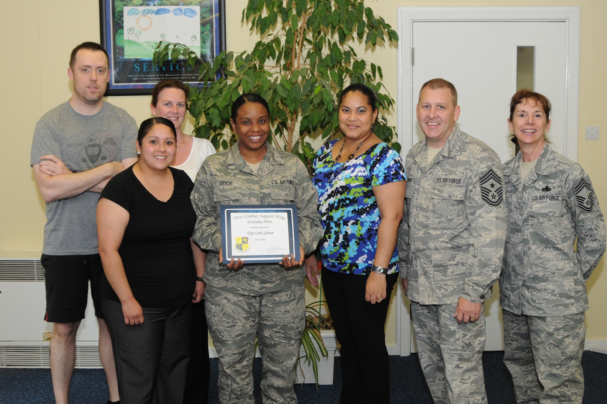 RAF CROUGHTON, United Kingdom - Tech. Sgt. Carl Gibson, 422nd Air Base Group, was named the June 501st Everyday Hero from the 422nd Air Base Group. As a financial services technician, Gibson has received a 99 percent outstanding rating on her customer surveys. She also has been an active leader and volunteer in the local Girl Scouts Troop. (U.S. Air Force photo by Master Sgt. Randy Hillsgrove)
