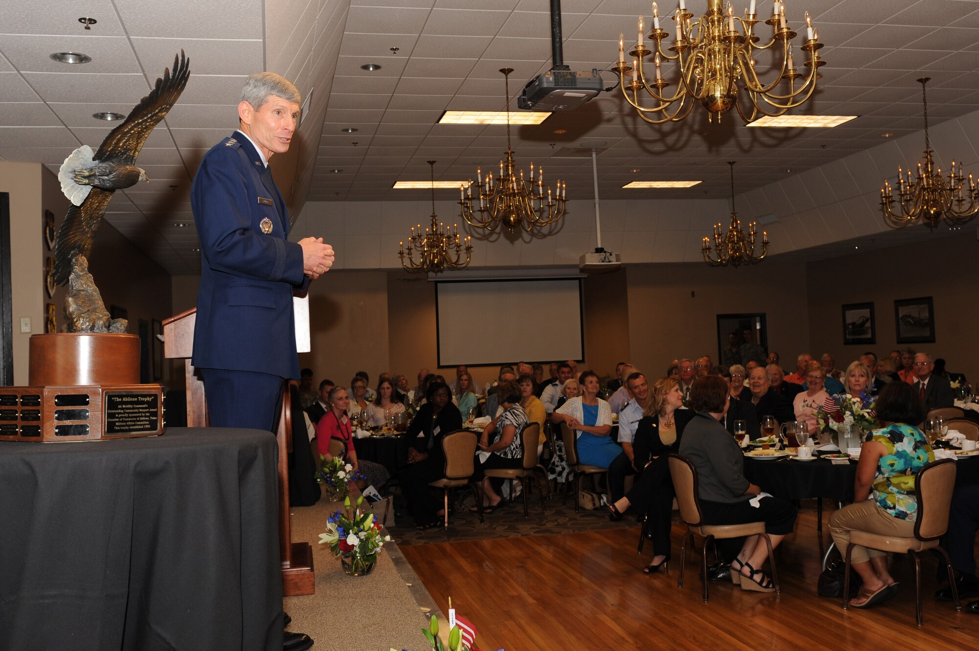 Air Force Chief of Staff Gen. Norton Schwartz addresses the Little Rock Air Force Base Community Council during the general membership luncheon and presentation of the Abilene Trophy on June 20, 2012, at Little Rock Air Force Base, Ark.  Schwartz discussed budget issues, the importance of synergy between the community and the base, and his and his wife's, Suzie Schwartz, time at Little Rock AFB.  (RELEASED U.S. Air Force photo by Tech. Sgt. Chad Chisholm)