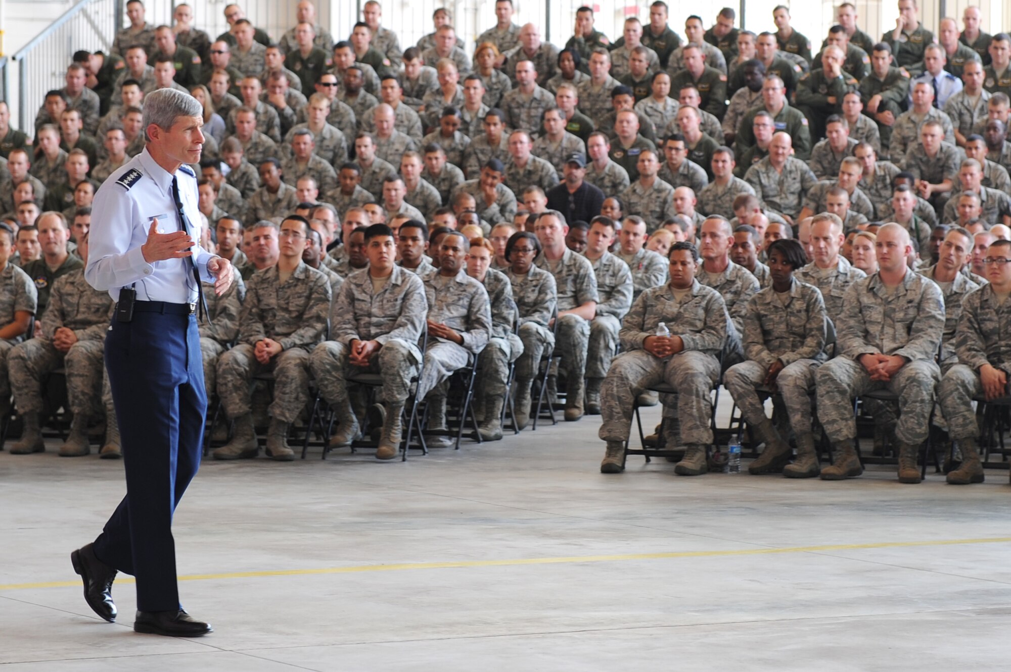 Gen. Norton Schwartz, Air Force Chief of Staff, talks to Team Little Rock members, during his visit June 20, 2012, at Little Rock Air Force Base, Ark. Gen Schwartz addressed budget cuts and other  topics during a question and answer session with Team Little Rock members. (RELEASED U.S. Air Force photo by Tech. Sgt. Chad Chisholm)