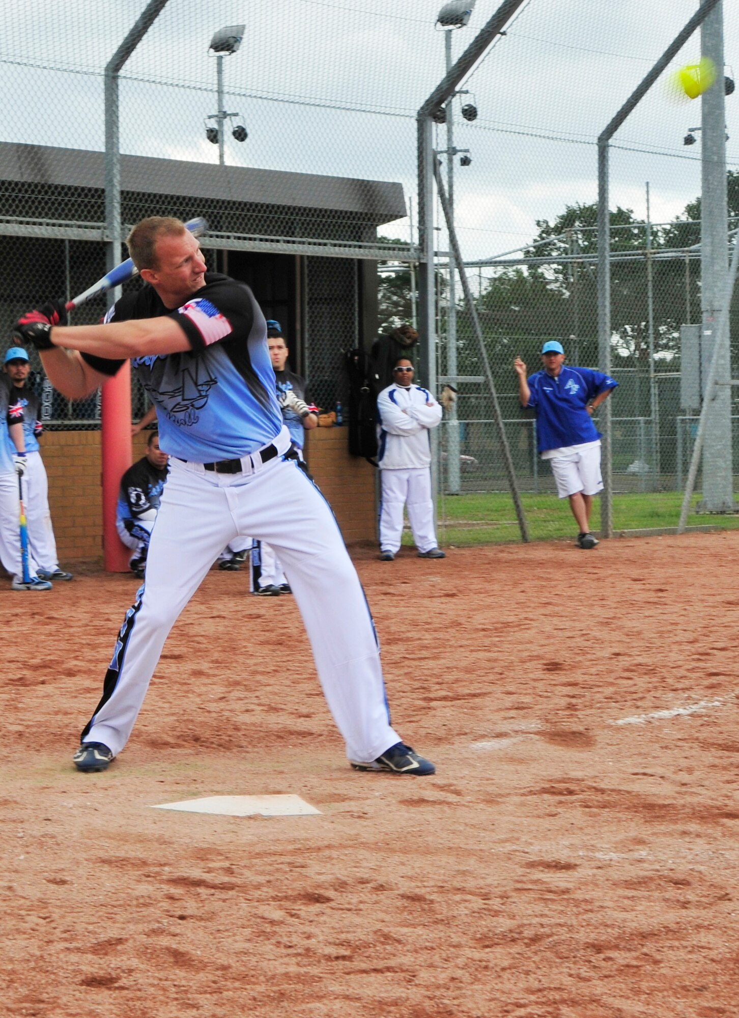 ROYAL AIR FORCE LAKENHEATH, England – Staff Sgt. Joshua Steen, 48th Civil Engineer Squadron firefighter crew chief, prepares to hit the ball during a softball game against the men’s team from Spangdahlem Air Base, Germany, during the first RAF Lakenheath Invitational at the softball fields June 17, 2012. Men and women’s softball teams from U.S. bases throughout the U.K. and Germany came out to compete June 16 and 17. The Lakenheath men’s team finished 1st place with eight wins and three losses. (U.S. Air Force photo by Senior Airman Tiffany M. Deuel)